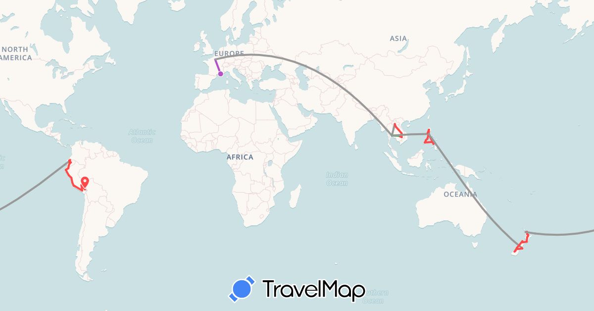 TravelMap itinerary: driving, bus, plane, train, hiking in Ecuador, France, Cambodia, Laos, New Zealand, Peru, Philippines, Thailand (Asia, Europe, Oceania, South America)